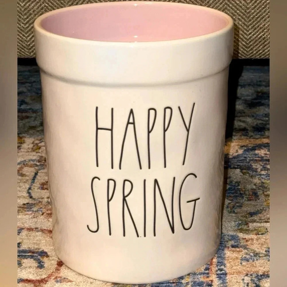 Rae Dunn Clay Artisan Collection Magenta Utensil Holder/Crock “HAPPY SPRING” - Picture 1 of 3